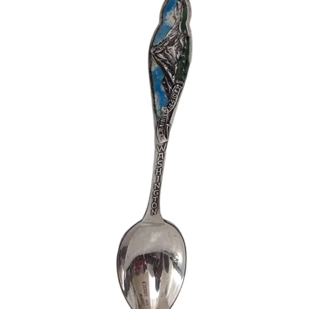 Washington Mt Rainier Enamel Sterling Souvenir Spoon FJT Mining Pick & Shovel
